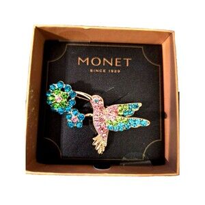 ...MONET...Gold Tone, Rhinestones Hummingbird‎ & Flowers Brooch...